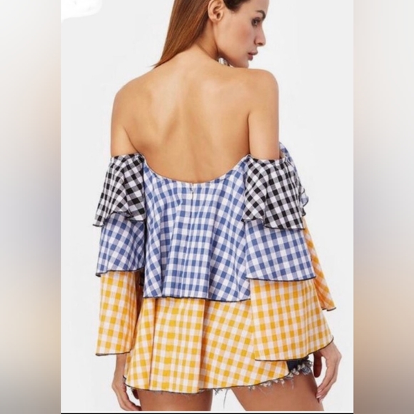 Off the Shoulder Gingham Blouse Top Size Medium - Picture 2 of 6
